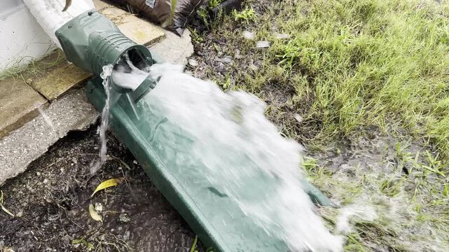 Close up of water gushing out of a downspout on a house and flowing into the yard doing a torrential thunderstorm