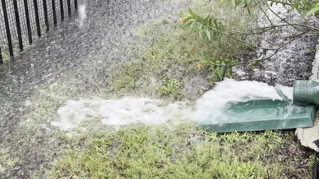 Water gushing out of downspout on a house during a thunderstorm
