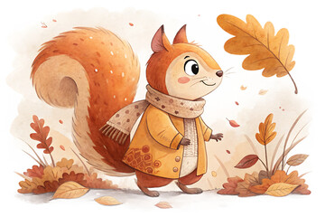 A cute squirrel wearing a scarf and coat surrounded by autumn leaves isolated on transparent background in a watercolor painting style