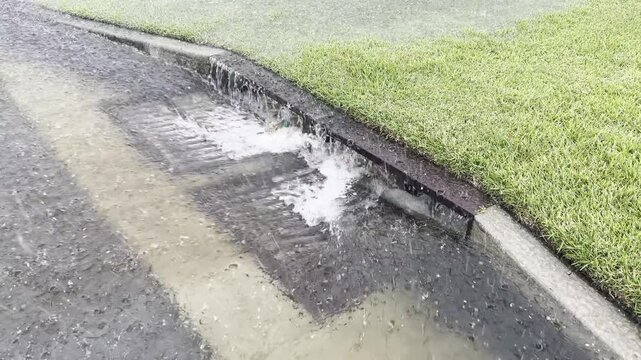 Video of water gushing into a storm drain on a residential street during a torrential rainstorm
