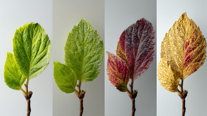 A plant leaf showing all stages of its development. One leaf is photographed in four equal parts, showing fresh greenery, rich juicy color, golden-red color, and frosty veins.