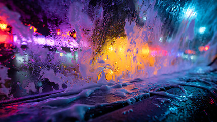 The glass inside the car being washed at the car wash, foamy swirls and bubbles sticking to the glass, neon lights outside shining through the soap.