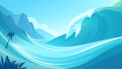 Cartoon beach scene with a huge, curling wave