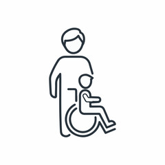 Obraz premium Depicting disability care with a linear icon symbolizing assistance and support. Disability care representation shows father with child in wheelchair, showcasing help and devotion.