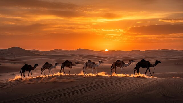 Caravan of camels walking through the desert at sunset in dubai, uae