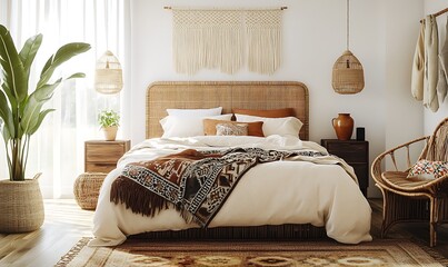 Cozy Bedroom Interior with Bohemian Style and Natural Light Ambiance