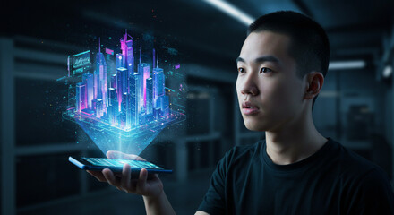 Young man using smartphone with holographic city projection in dark room