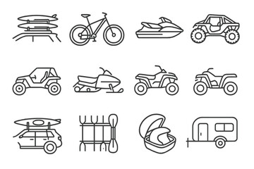 Adventure Vehicle Icons. Line style icons of sports and adventure vehicles: surfboard rack, mountain bike, jet ski, rock crawler;