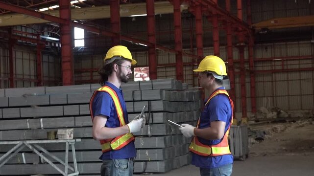 Industrial Collaboration: Two construction workers in hard hats and safety vests converse within a large industrial warehouse, surrounded by stacks of building materials.