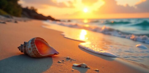 Golden hour sunlight bathes a beach scene as summer fades, leaving behind warm hues and gentle waves Seashells scattered on the sand, hinting at the season's end , tranquility, texture