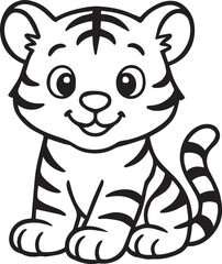 Fototapeta premium Cartoon Baby Tiger Illustration – Black & White Stylized Animal Line Art