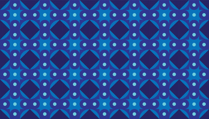 Seamless geometric pattern with blue squares, circles, and diamond shapes in a modern abstract styl