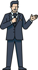 Obraz premium Smiling Businessman Speaking, Confident Presenter with Mic, Man Giving Presentation, Public Speaker Illustration, Corporate Presenter Stock Photo