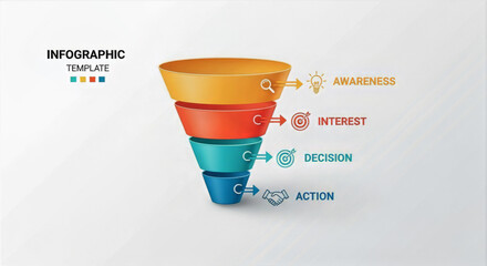 A colorful funnel infographic depicting the stages of a process on a white background for presentation use