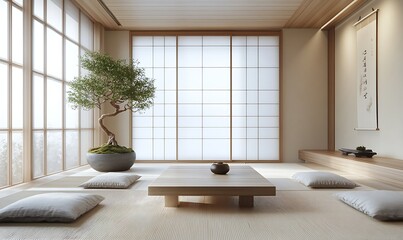 Tranquil Japanese Zen Interior with Bonsai Tree, Shoji Screens, and Tatami Mat