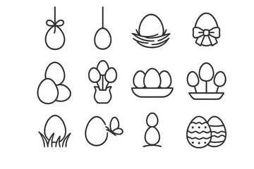 Seasonal Egg Icons. Line style icons of seasonal egg decorations: hanging egg, egg on string, egg in nest, egg with bow tie;
