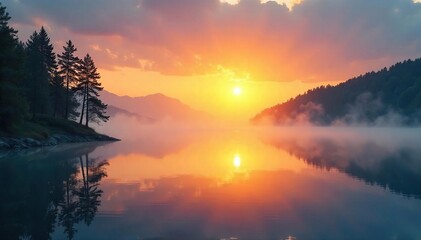 Obraz premium Serene sunrise over a tranquil lake, mist rising, conveying a sense of peace and inner calm, perfect for meditation and spiritual reflection , spiritual, calm, belief