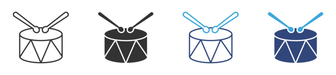 Drum with two drumsticks striking it icon set, vector illustration . 