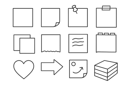 Sticky Note Icons. Line style icons of sticky note styles: square note, curled corner sticky, pinned sticky, taped paper;