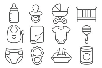 Baby Essentials Icons. Line style icons of baby essentials: baby bottle, pacifier, stroller, crib; bib with spoon, baby blanket,
