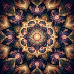 Vibrant seamless mandala design glowing with bright spiritual energy and loving detail. Ideal for use as wallpaper, background, textile pattern, or meditation-themed artwork