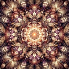 Radiant seamless mandala design with spiritual symbolism, love, and vibrant colors. Endless and tilable, ideal for patterns, wallpapers, textiles, and meditation visuals