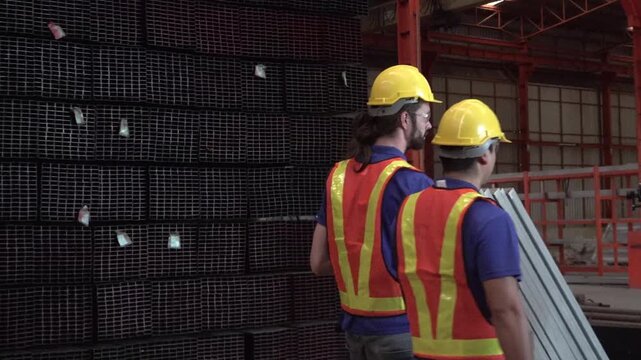 Warehouse Workers Overseeing Inventory: Two construction workers in hard hats and safety vests examine stacks of building materials in a large warehouse, overseeing the stored inventory.