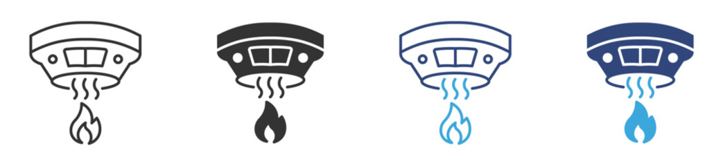 Fire smoke detector icon set in outline and flat style , vector illustration. 