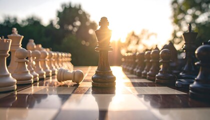 Chess piece confrontation at sunset
