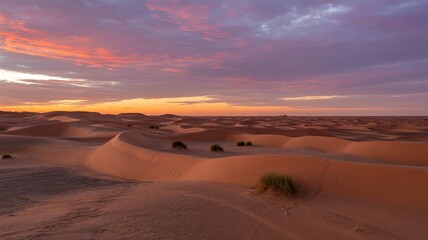 Sunset over the sahara desert with colorful clouds in the sky above dunes
