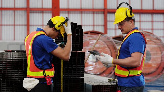 Stress at Work: Two construction workers in hard hats and safety vests stand in a warehouse, one looking stressed while the other consults a tablet.
