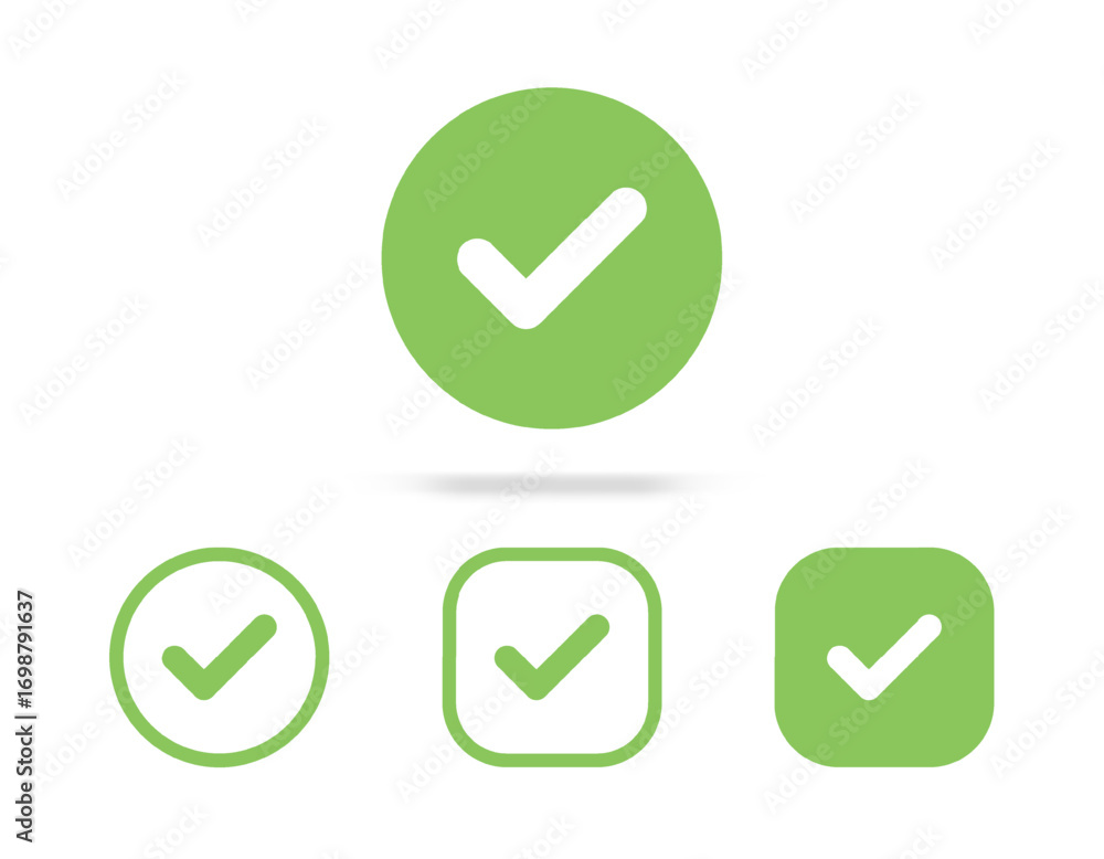 Poster checkmark and check icon. approval check and true icon. set quality sign, green tick. approve line a