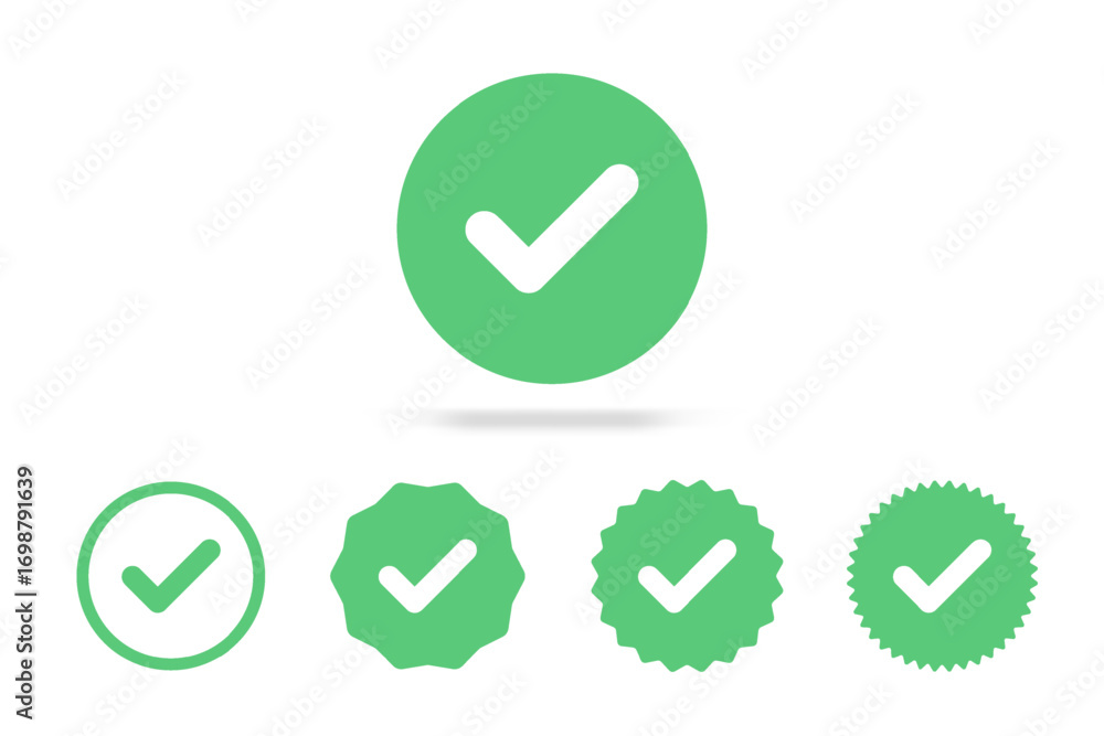 Poster checkmark and check icon. approval check and true icon. set quality sign, green tick. approve line a