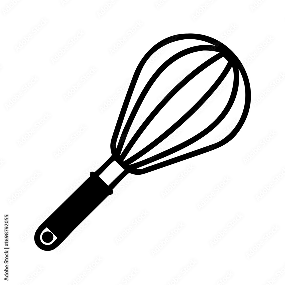 Poster illustration of a black and white whisk with a rounded handle and wire loops for mixing ingredients