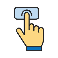 Obraz premium Finger pressing a light blue rectangular button with a curved line on it in a cartoon style design