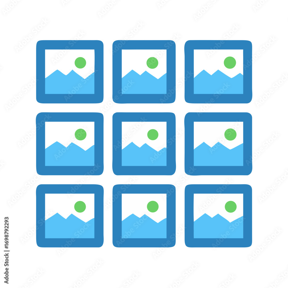 Poster a grid of nine square images depicting a landscape with mountains and a green circle in the sky view