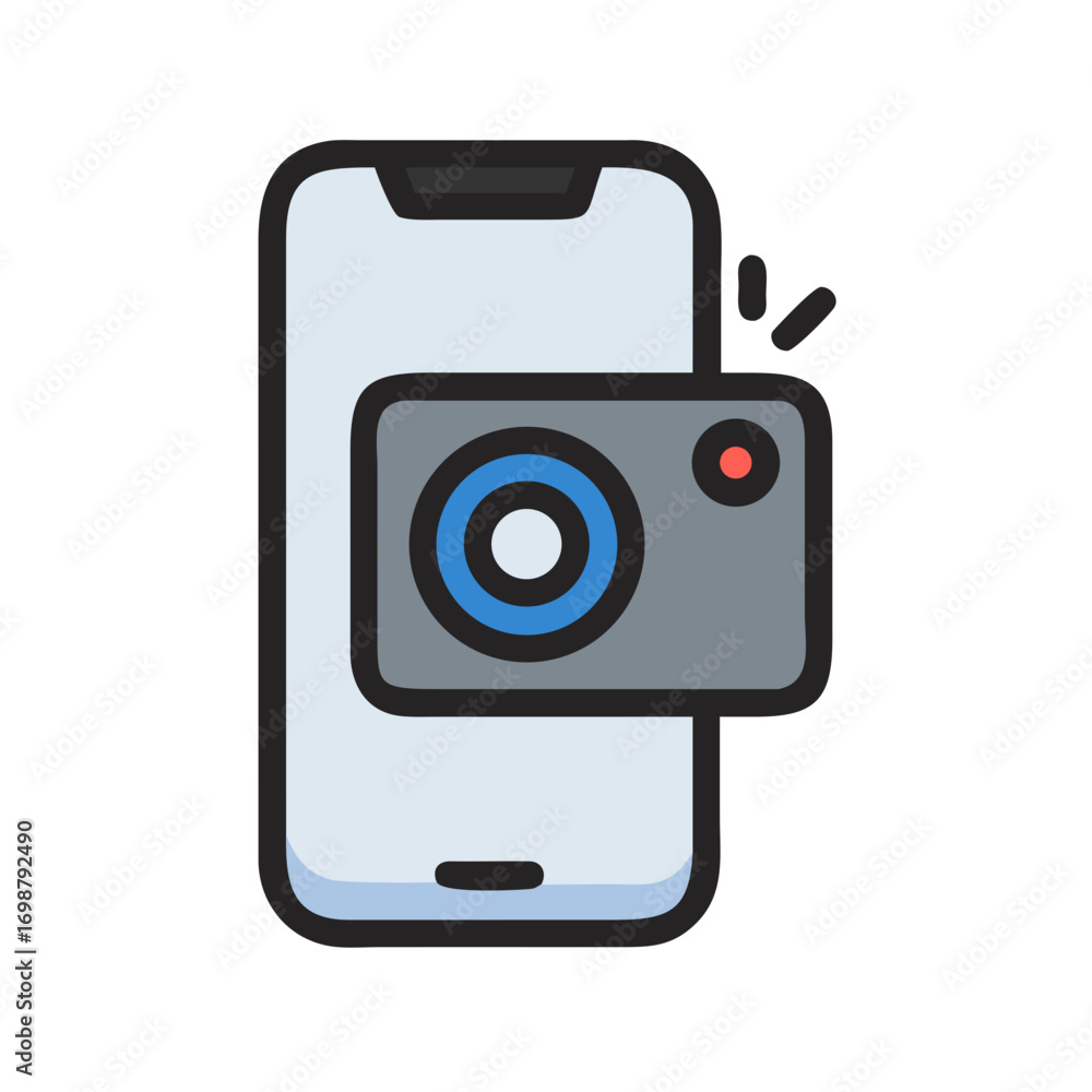 Poster illustration of a smartphone with a camera attached taking a picture with a flash on the side view 1