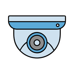 Illustration of a light blue dome security camera with a black outline and a gray lens design element