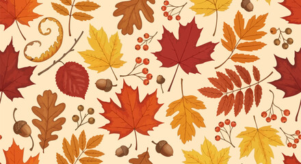 Autumnal Pattern with Colorful Leaves Berries and Acorns.