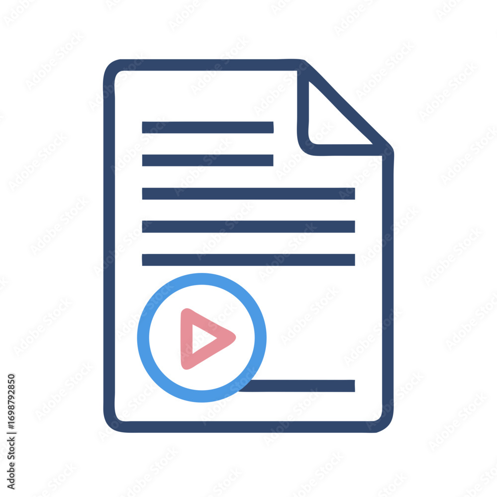 Poster illustration of a document with text lines and a play button on the bottom left corner area shown
