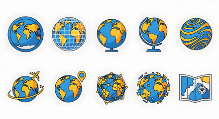 A collection of diverse globe illustrations, showcasing different artistic styles and concepts related to Earth and travel.