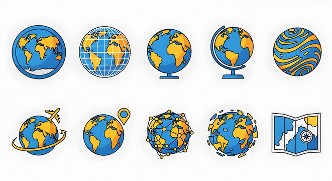 A collection of diverse globe illustrations, showcasing different artistic styles and concepts related to Earth and travel.