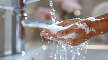 close-up of hands being washed under running water with soap, clean bathroom background, health and hygiene awareness, crystal clear image, 16:9
