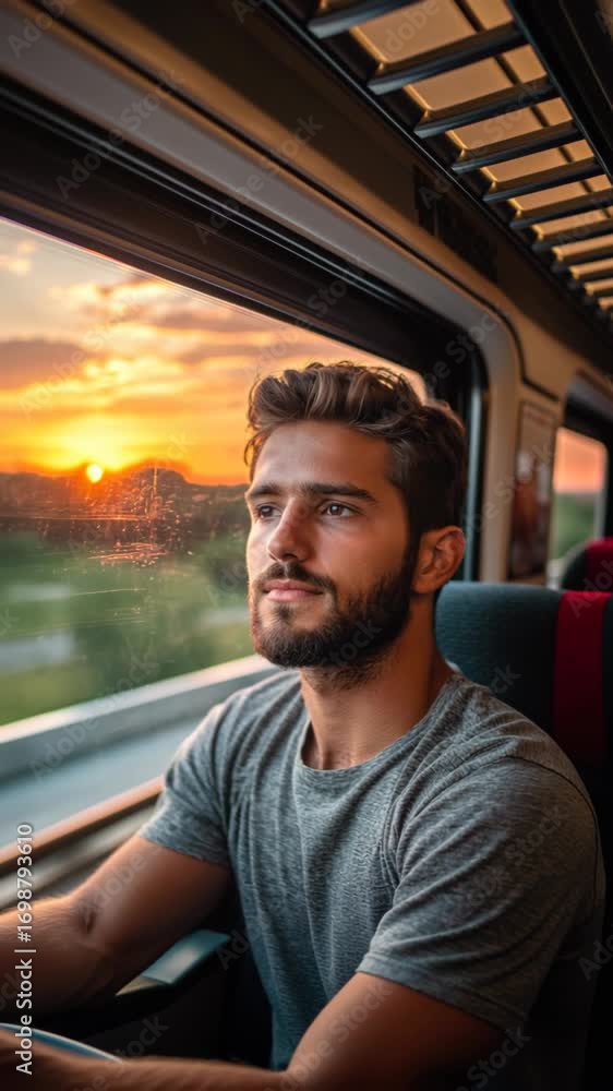 Poster a man with a beard is smiling and looking out the window of a train. scene is happy and relaxed
