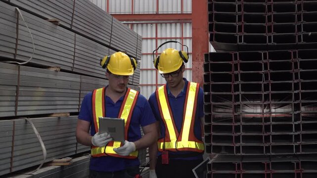 Industrial Safety Check: Two vigilant workers in hard hats and high-visibility vests inspect materials in a warehouse, prioritizing safety and efficiency.