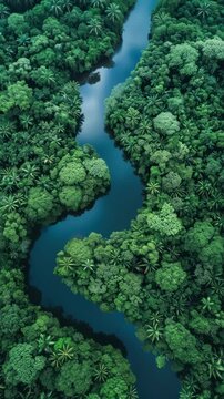 Aerial view of a lush green forest with a winding river, perfect for a nature video. The top-down angle captures the vibrant foliage and serene waterway. Live mobile wallpaper.