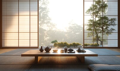 Fototapeta premium Japanese Tea Room Interior with Tranquil Garden View and Soft Sunlight