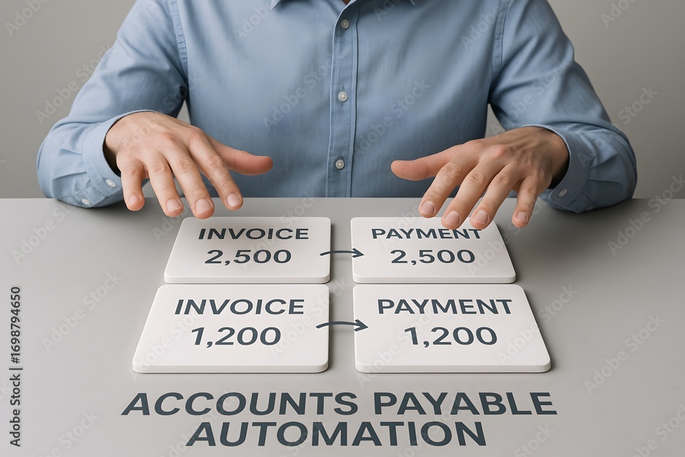Poster hands interact with a business process diagram representing accounts payable automation.