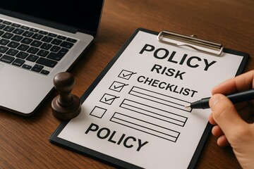 Policy checklist on clipboard and pen with laptop in the office. 