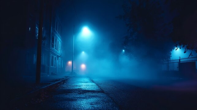 Eerie blue fog blankets deserted street at night, creating a cinematic and mysterious urban landscape perfect for suspenseful storytelling